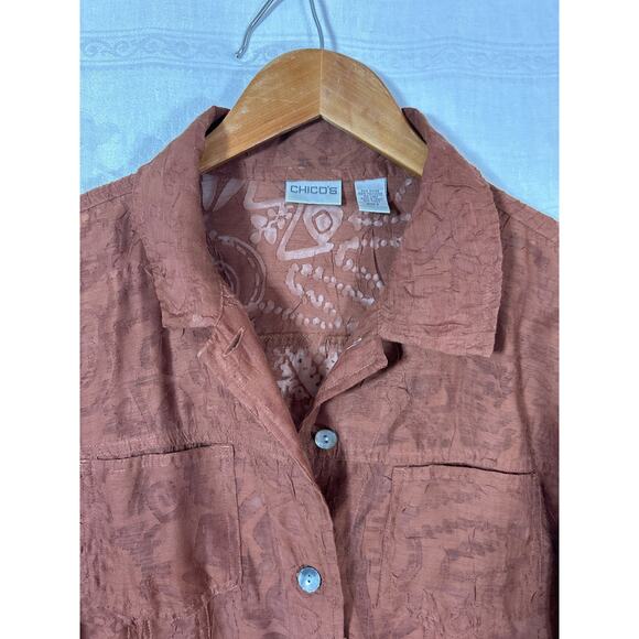 Chicos Button Up 2 Large Brown Sheer Abstract Linen Blend Jacket - Picture 7 of 13